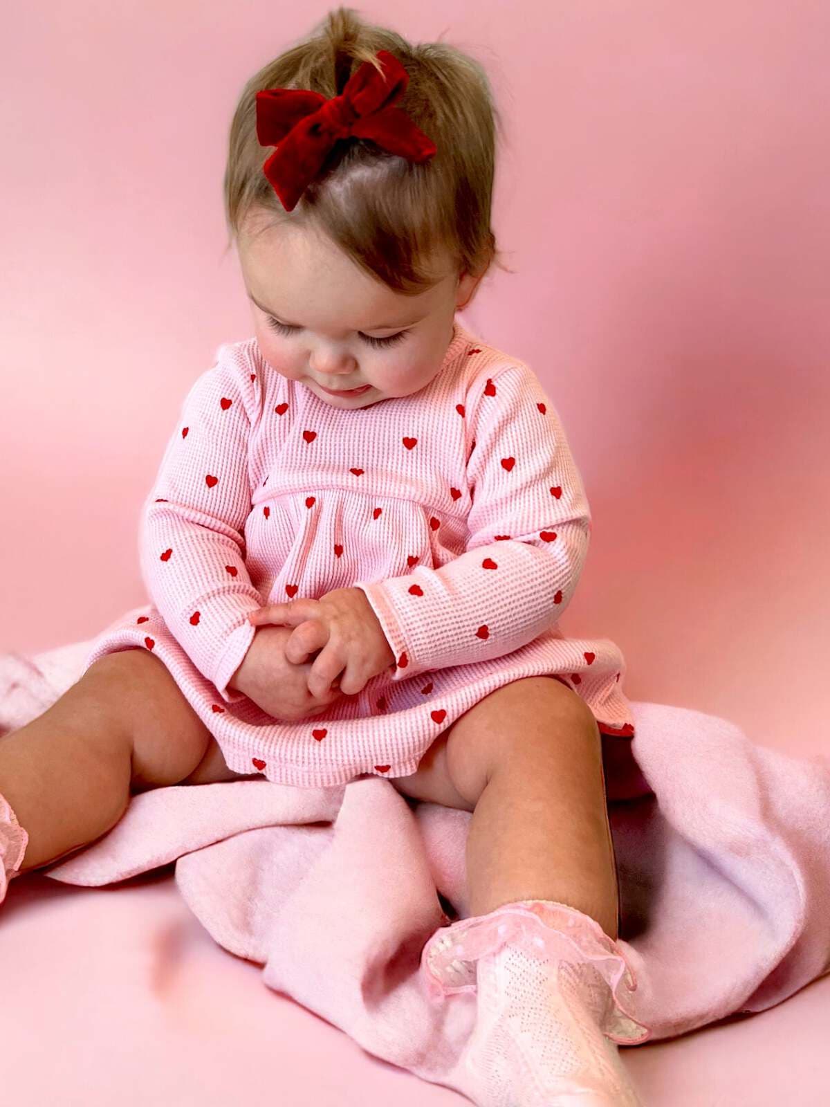 Organic Waffle Simple Dress & Bloomer, Little Red Heart (on Pink) — photo 1