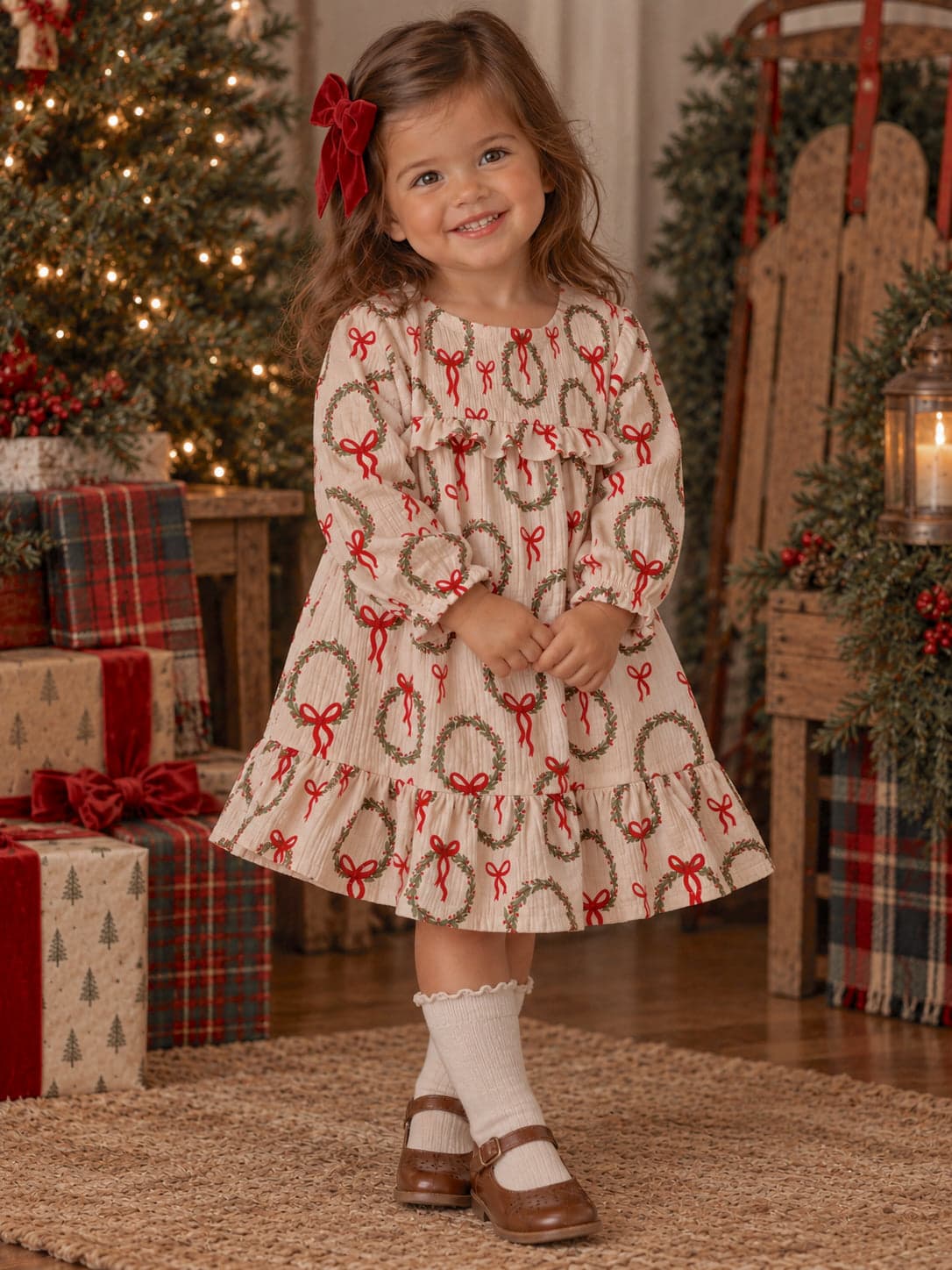 Smocked Ruffle Tiered Dress, Pink Wreath — photo 1