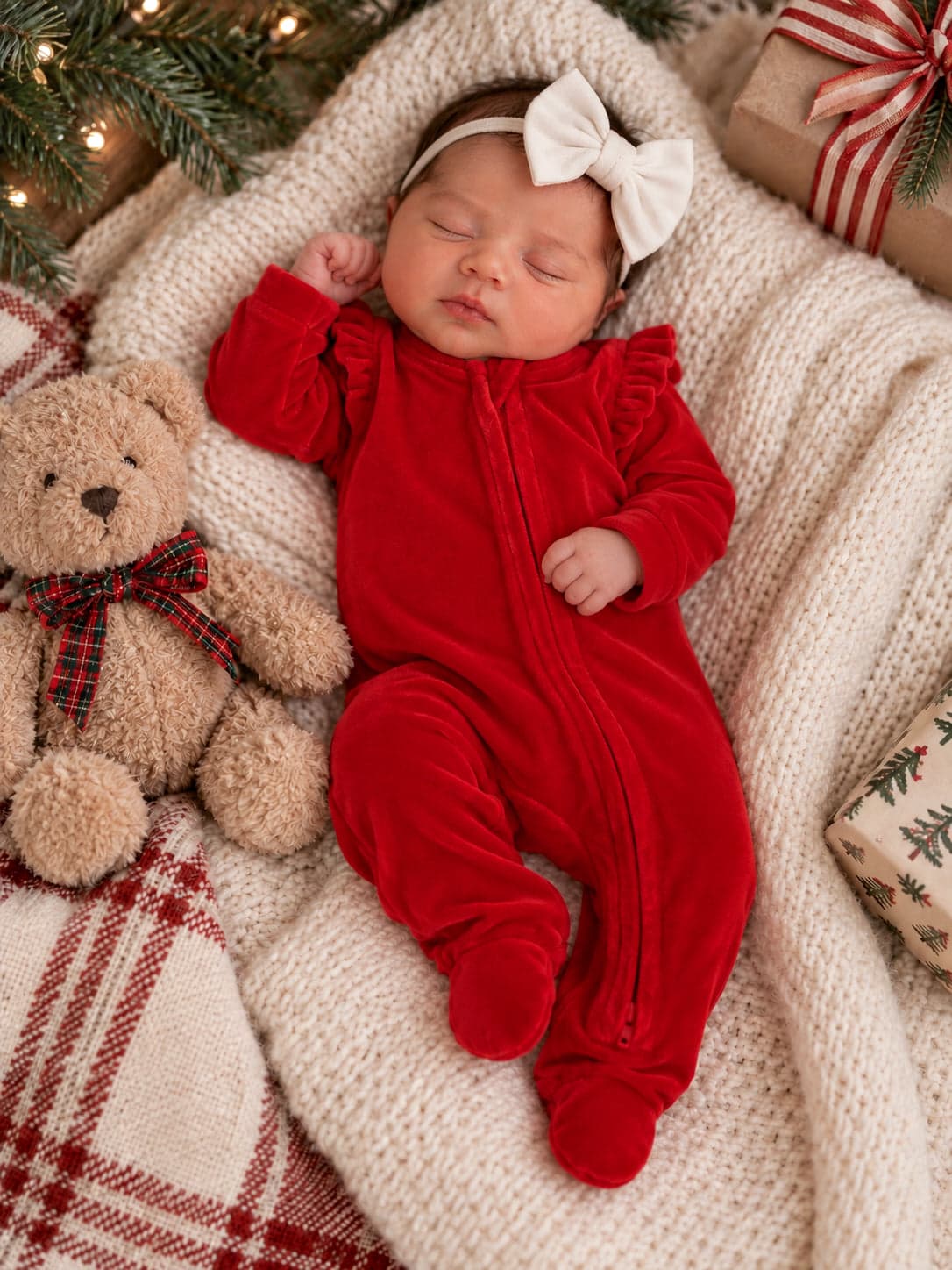 Velour Ruffle Sleeve 2-Way Zip Footie, Holiday Red — photo 1