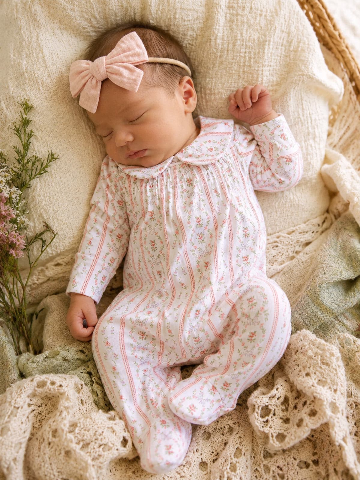 Smocked Peter Pan Snap Footie, Marnie Rosebud Stripe — photo 1